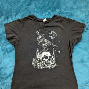 Black Graphic Tee with Raven and Skull Design